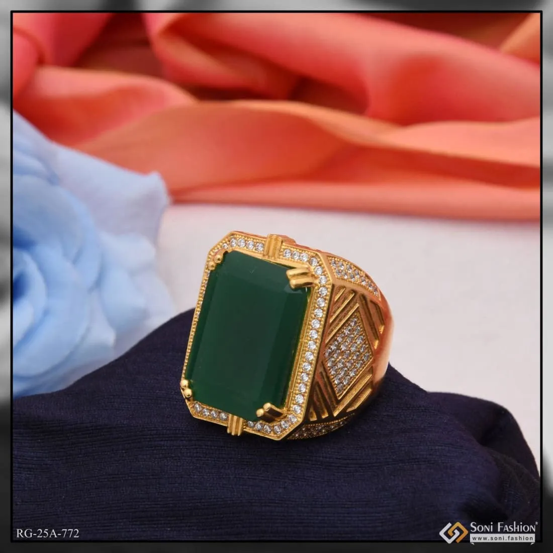 1 Gram Gold Plated Green Stone with Diamond Fashionable Design Ring for Men - Style A772