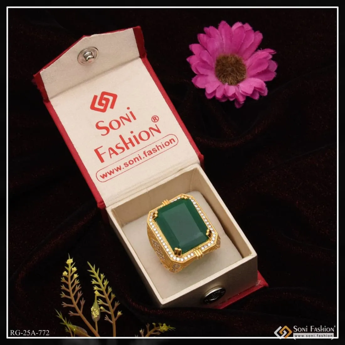 1 Gram Gold Plated Green Stone with Diamond Fashionable Design Ring for Men - Style A772