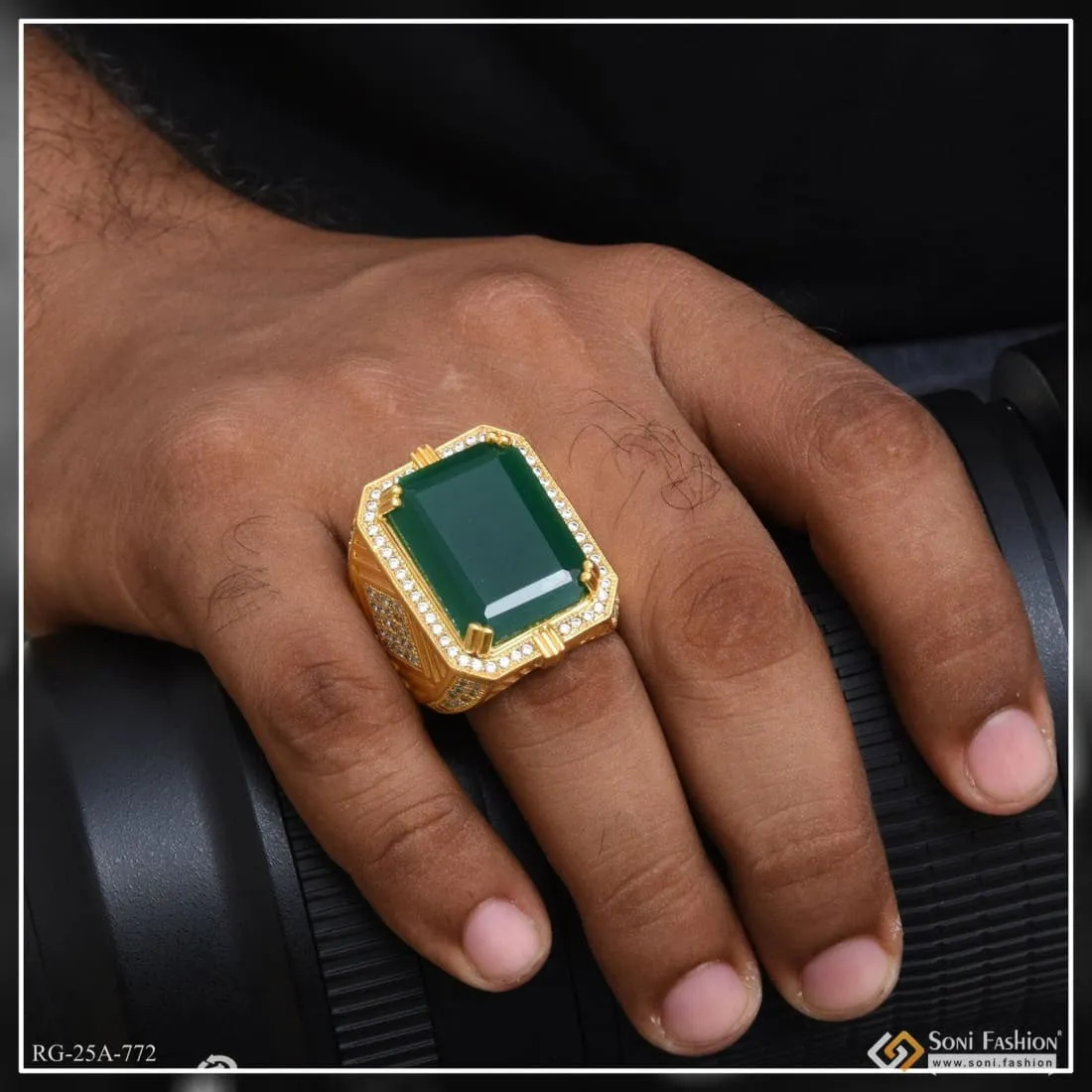 1 Gram Gold Plated Green Stone with Diamond Fashionable Design Ring for Men - Style A772