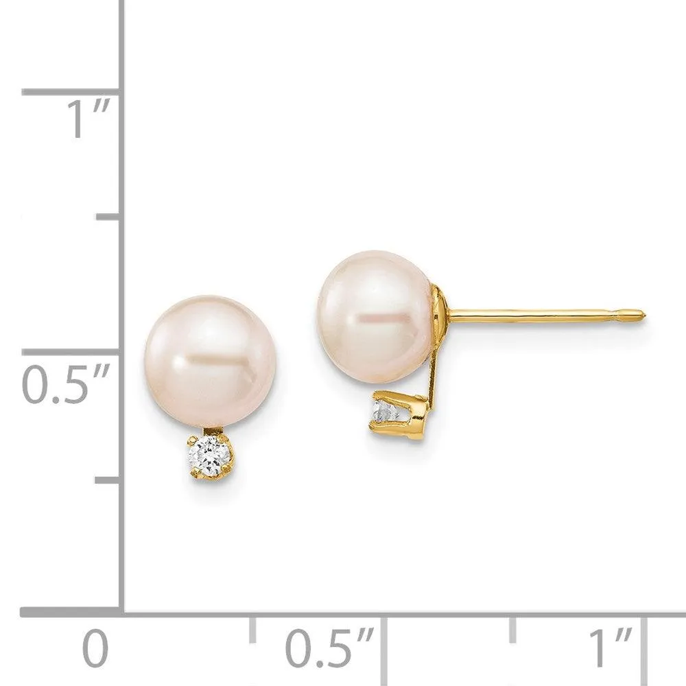 14k 6-7mm White Round Freshwater Cultured Pearl .06ct Diamond Post Earrings