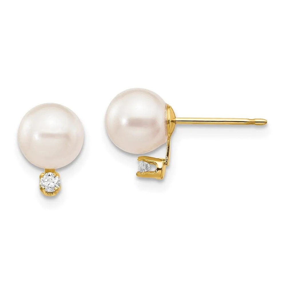 14k 6-7mm White Round Saltwater Akoya Cultured Pearl Diamond Post Earrings