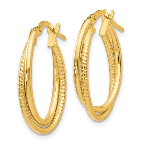 14K Gold Polished Textured Oval Hoop Earrings