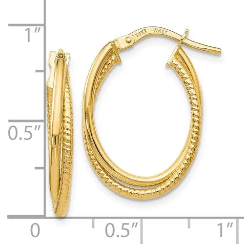 14K Gold Polished Textured Oval Hoop Earrings