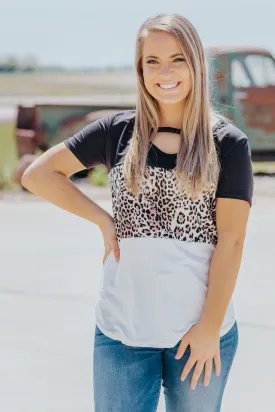 Adventure Life Color Block Leopard Short Sleeve Top in Black White