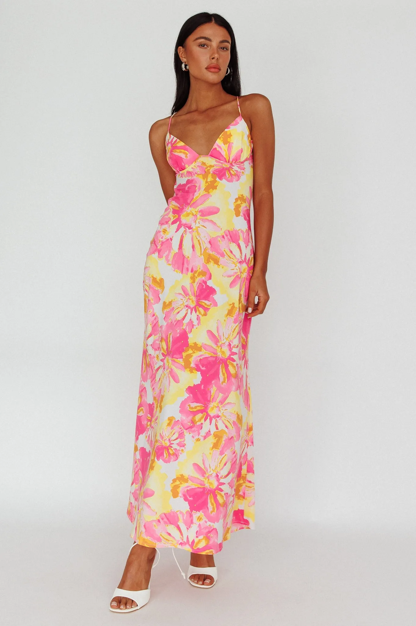 Alora Tie-Up Back Maxi Dress Flower Pink