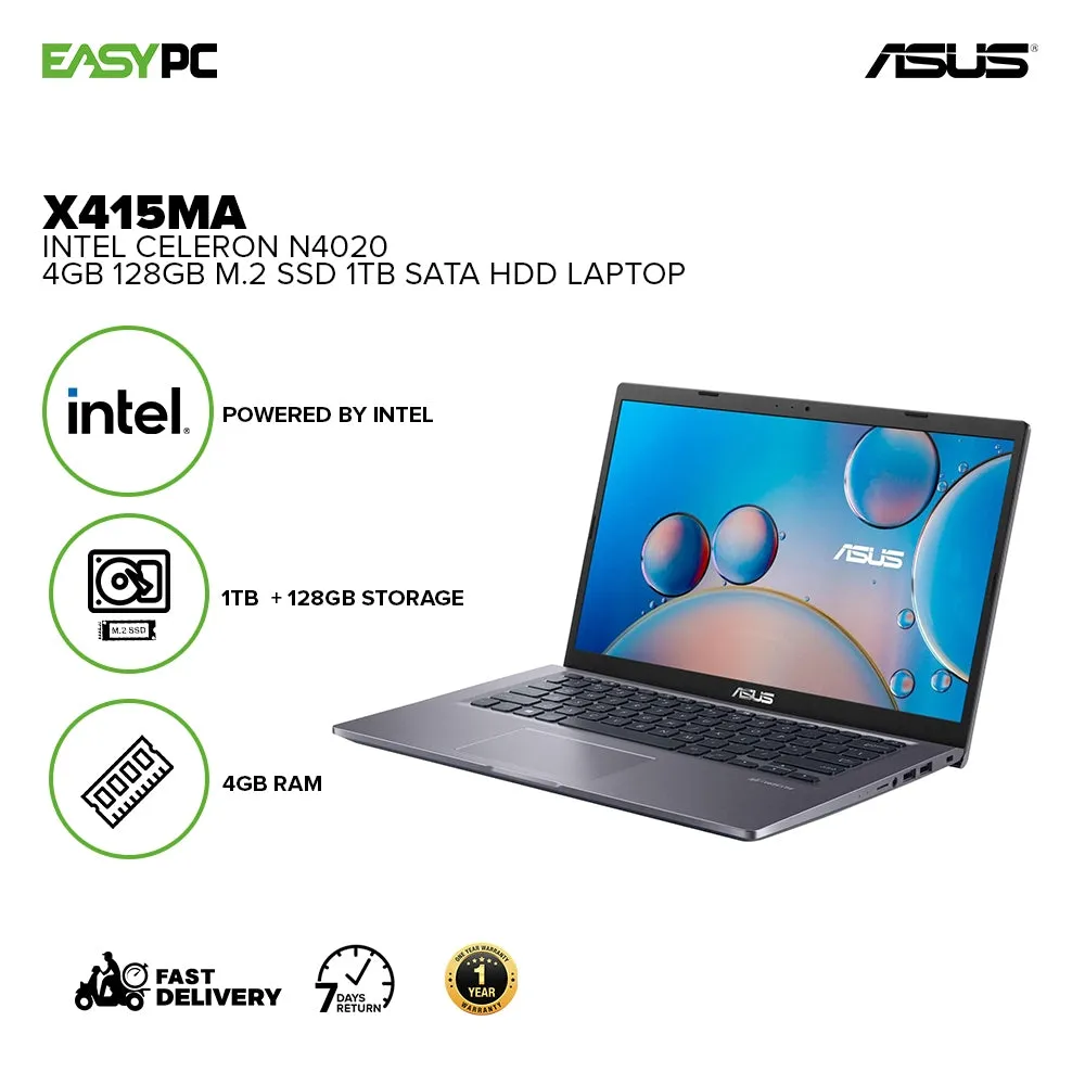 Asus X415MA-BV362W Intel Celeron N4020 Intel UHD Graphics 600 4GB DDR4 128GB M.2 SSD 1TB SATA HDD Windows 11 Home Laptop