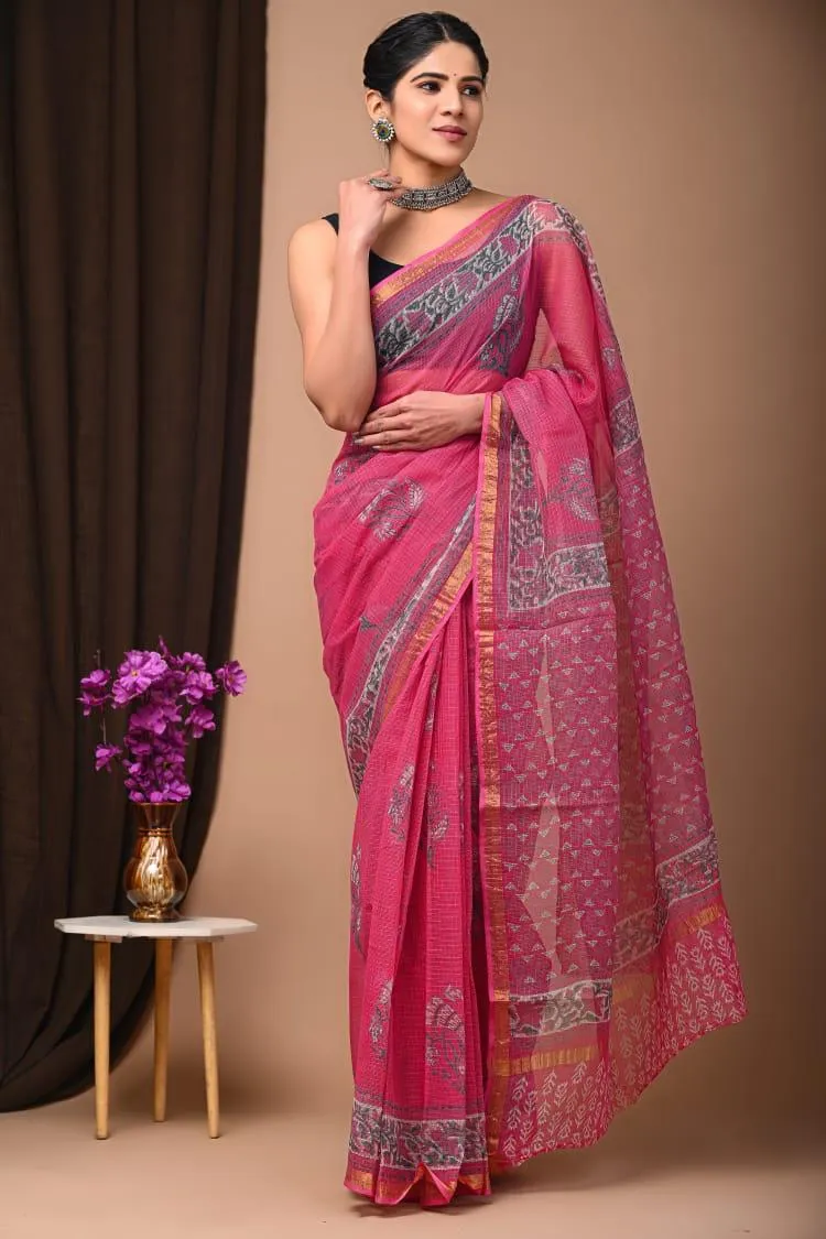 Authentic Rani Pink Traditional Kota Doriya Print Saree