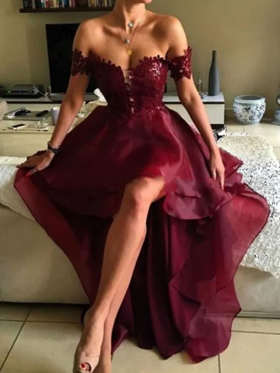 Burgundy Prom Dress Off The Shoulder Cheap Party Prom Dress #ER146