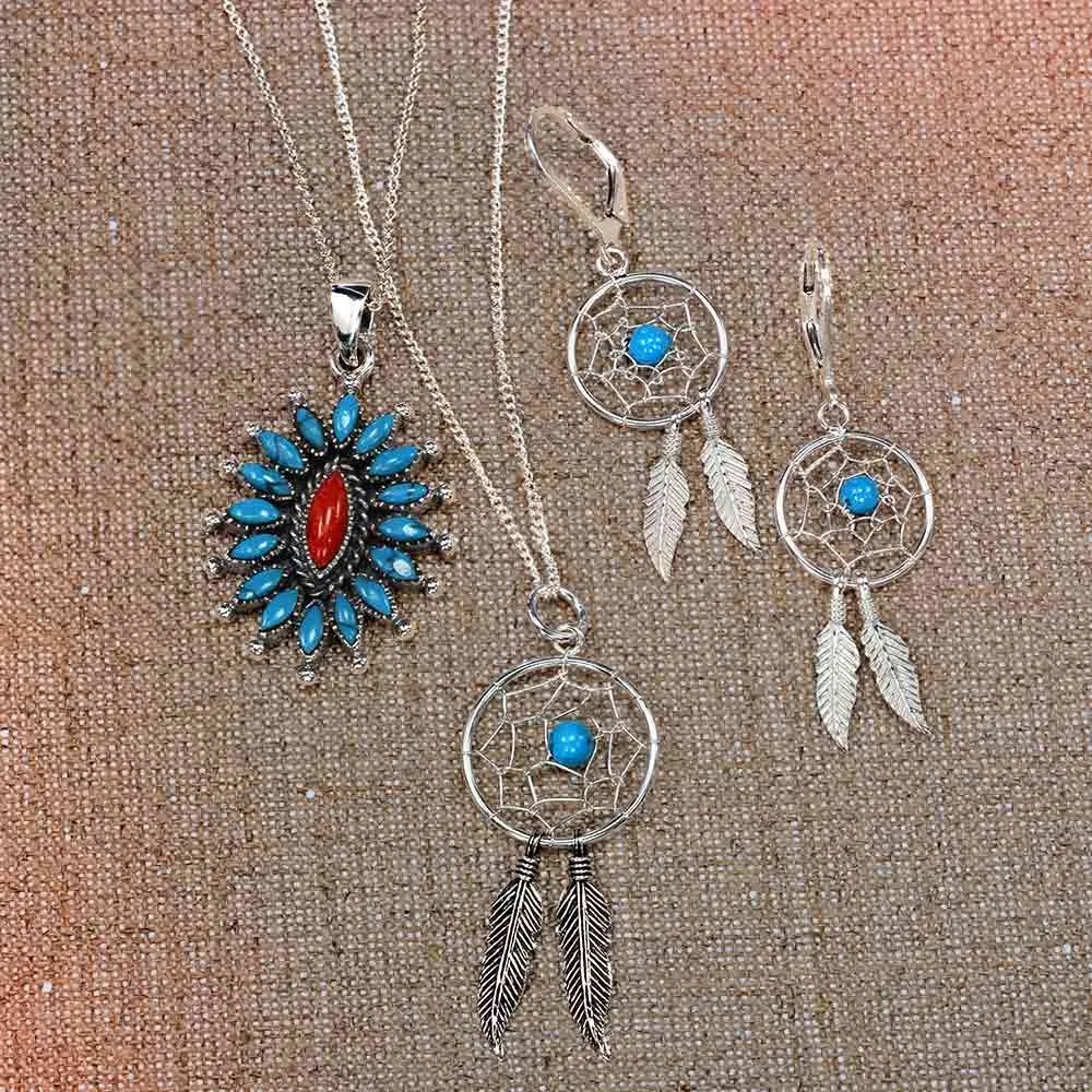 Feathers Western Dream Catcher Earrings Pendant Necklace .925 Silver