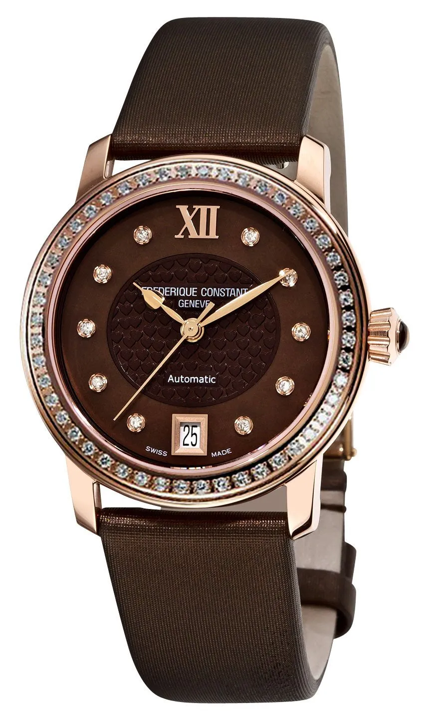 Frederique Constant Classics Automatic Diamond Rose Gold Plated Steel Brown Mother-Of-Pearl Dial Brown Satin Strap Date Womens Watch FC-303CHD2PD4