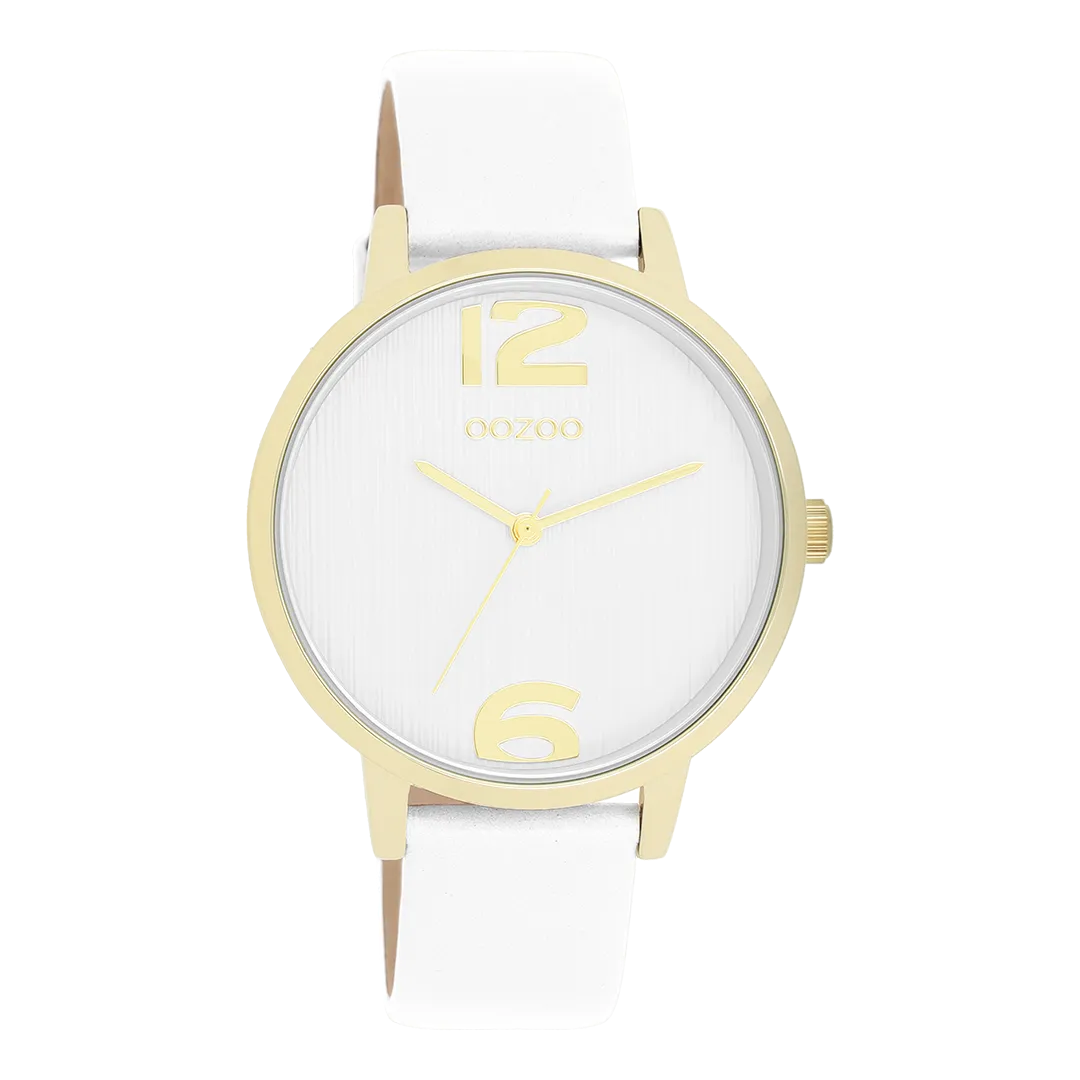 Gold coloured OOZOO watch with white leather strap - C11340