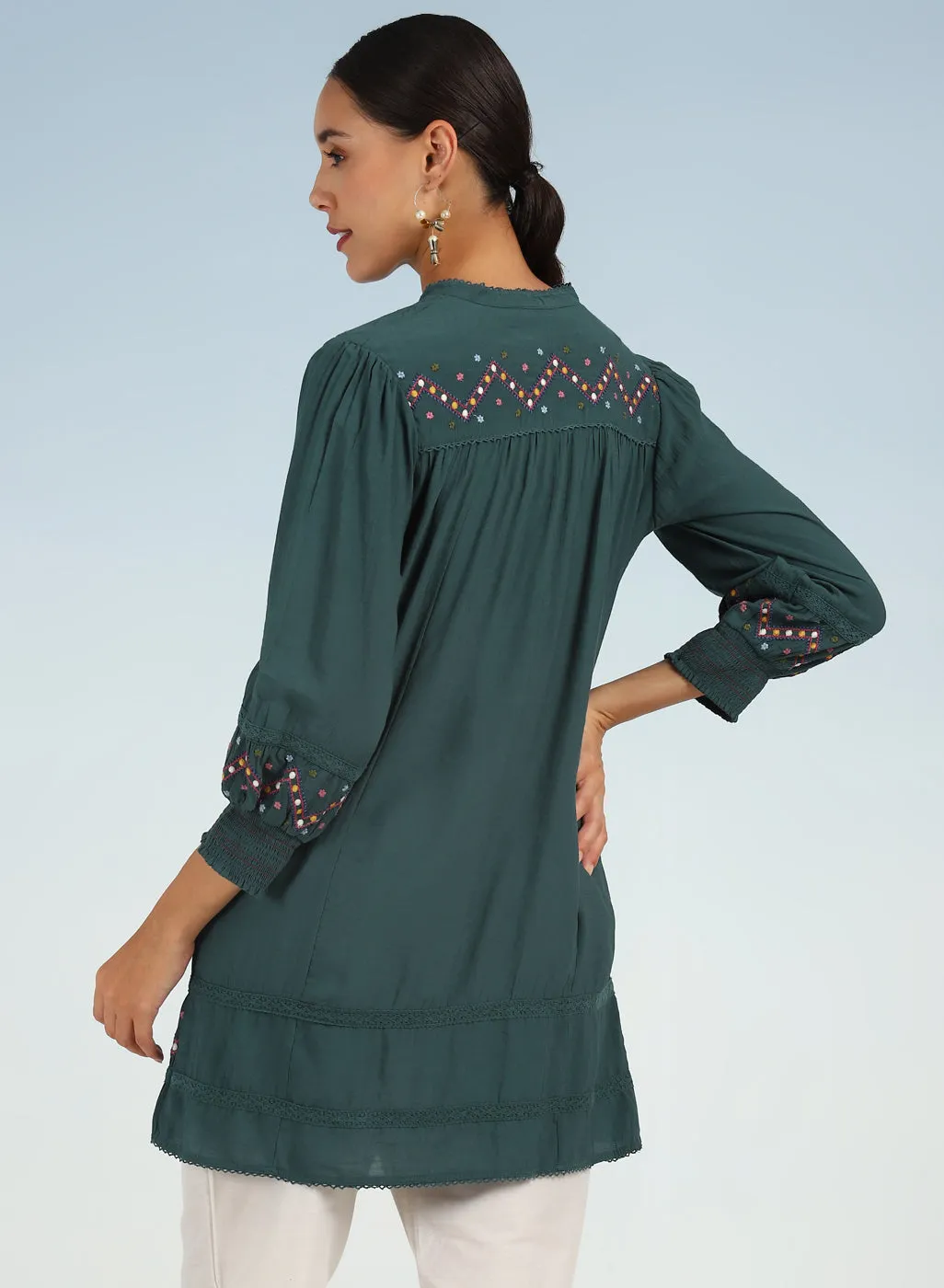 Green A line Rayon Tunic with Embroidery and Smocking effect Puffed Sleeve