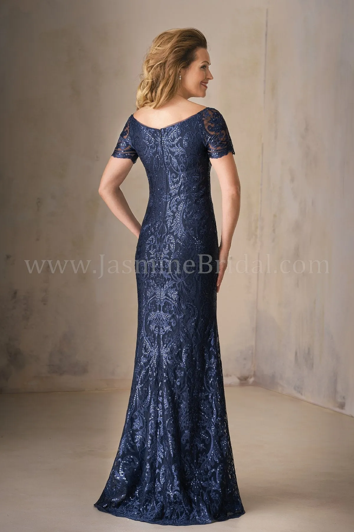 Jasmine K208009 Long Portrait Neckline Embroidery Lace MOB Dress with Short Sleeves