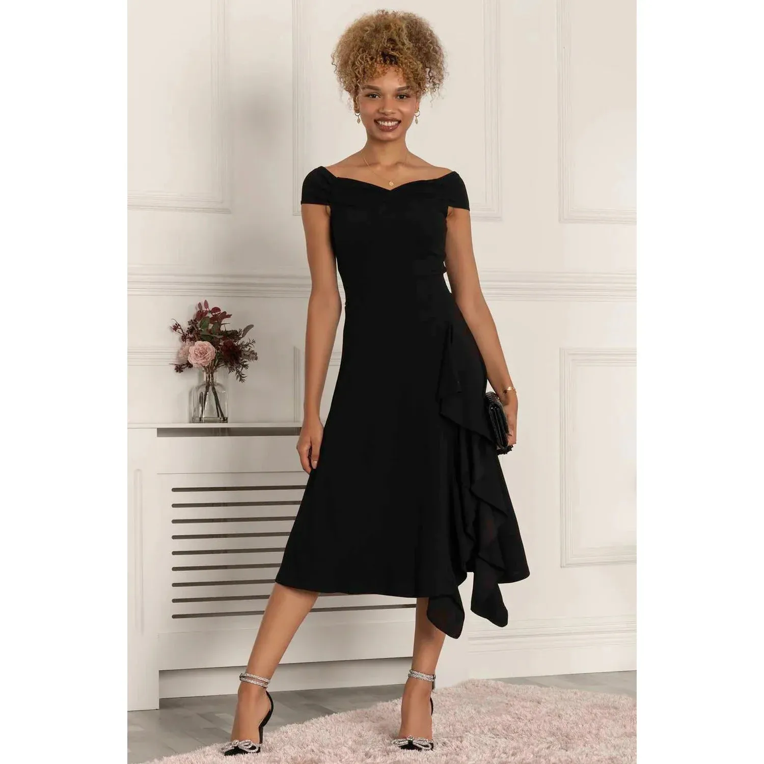 Jolie Moi Black Bardot 50s Waterfall Swing Dress