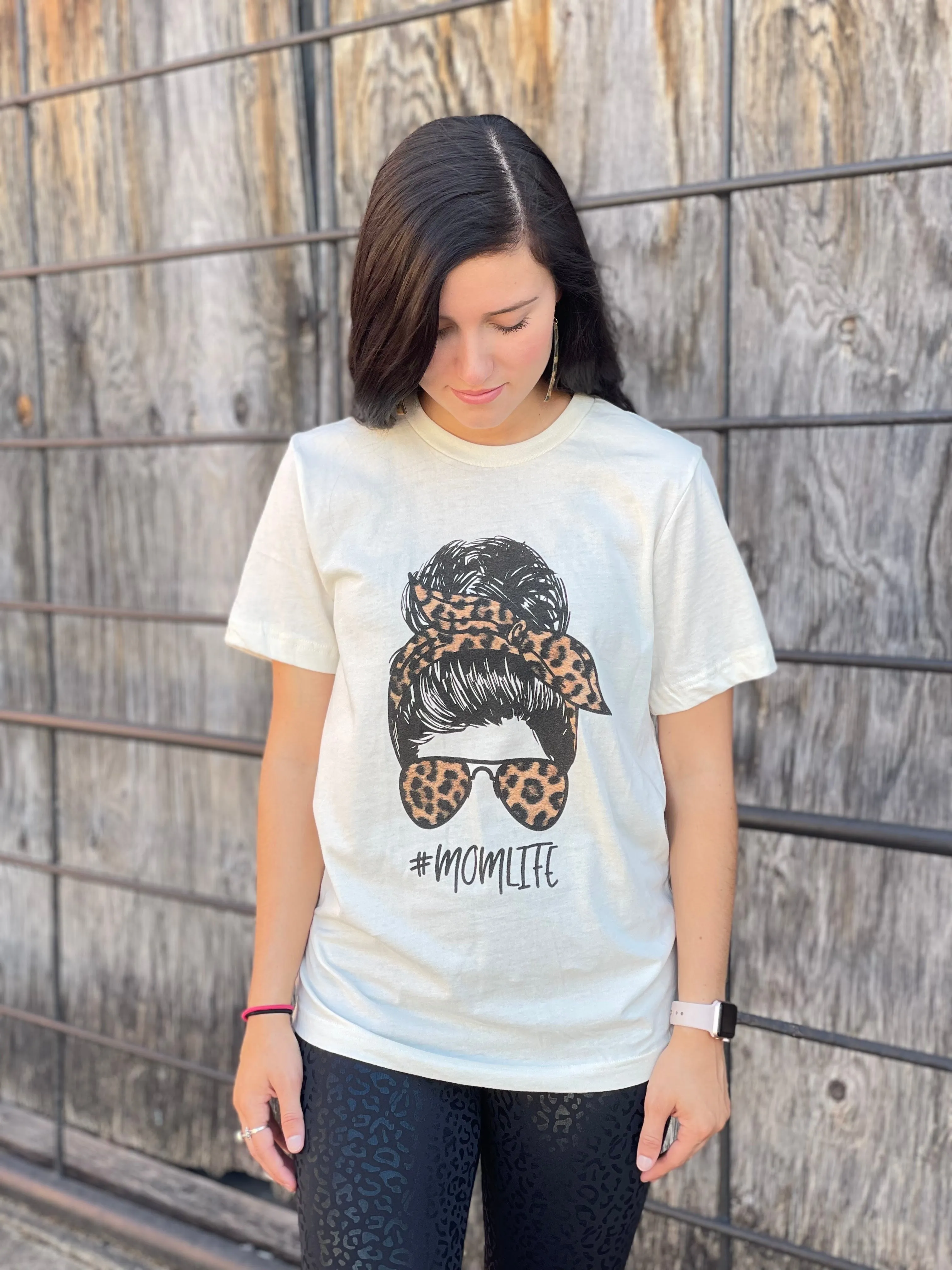 Leopard Messy Bun Mom Life Graphic Tee