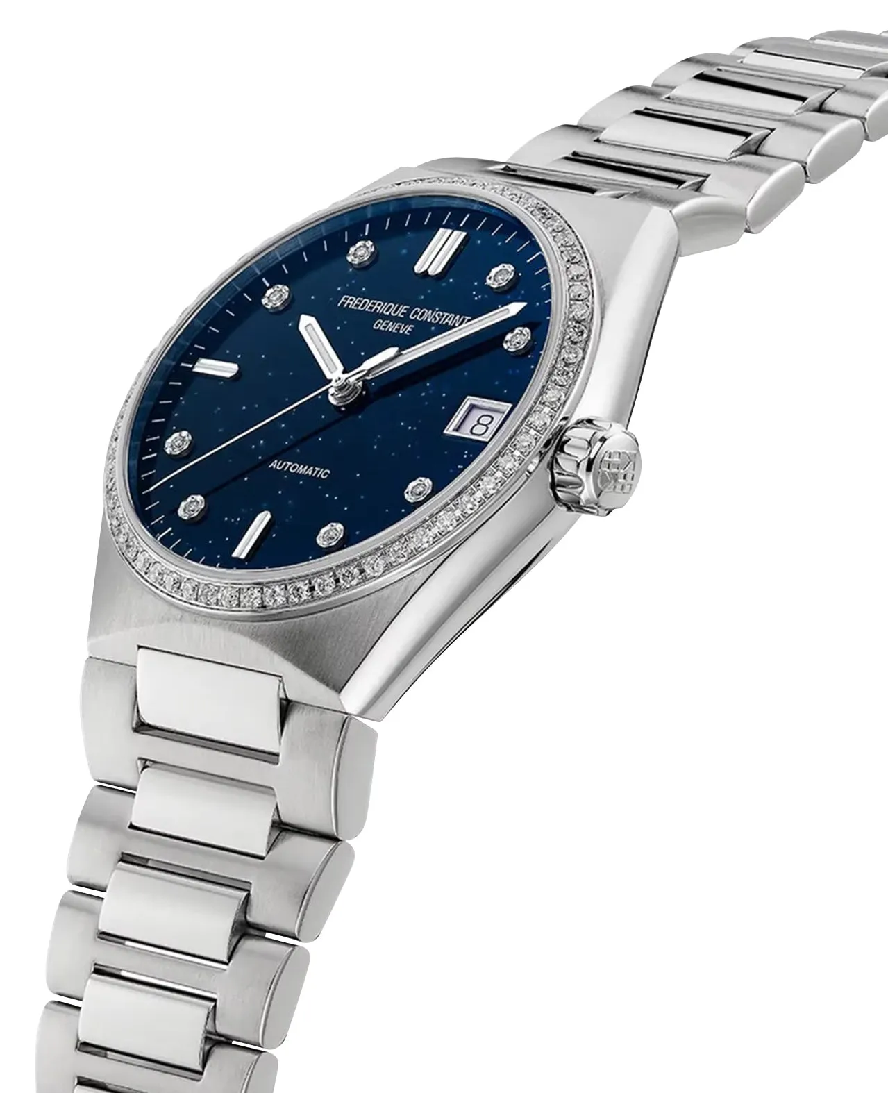 Limited Edition Frederique Constant Highlife Sparkling Automatic Stainless Steel Blue Dial Diamonds Interchangeable White Rubber Strap Date Womens Watch FC-303NSD2NHD6B