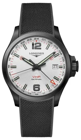 Longines Conquest V.H.P. GMT Black PVD Black Rubber Strap Silver Dial Perpetual Calendar Date Quartz Mens Watch L3.728.2.76.9