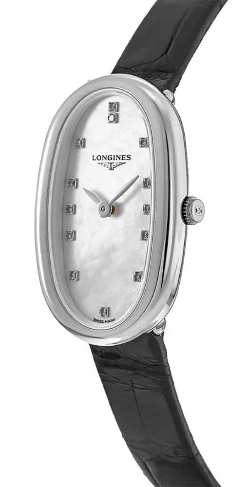 Longines Symphonette Black Leather Strap Stainless Steel Mother-Of-Pearl Dial Diamonds Womens Watch L2.305.4.87.0