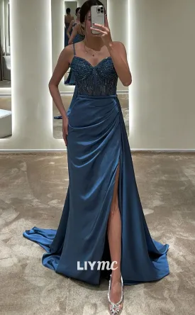 LP1839 - Sweetheart Spaghetti Straps Sleeveless Beaded Ruched Side Slit Prom Dress