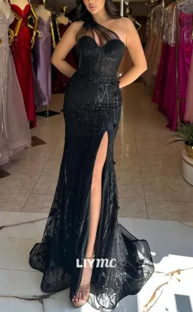 LP2183 - Sweetheart Sleeveless Appliques High Slit Sheath Prom Dress