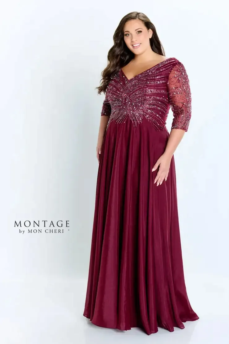 Montage 116950 Beaded Chiffon A-Line Gown with Fully beaded 3/4 sleeve and V-Neckline