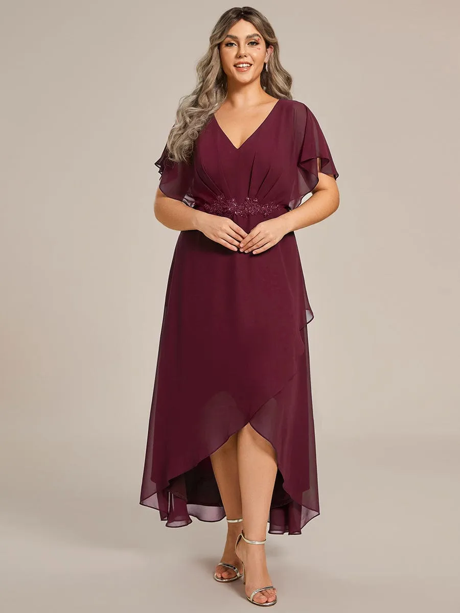 Plus Size V-Neck Chiffon Bat-Wing Sleeve A-Line Waist Applique Formal Dress