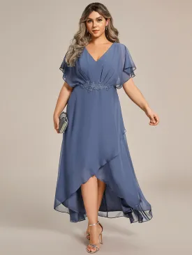 Plus Size V-Neck Chiffon Bat-Wing Sleeve A-Line Waist Applique Formal Dress