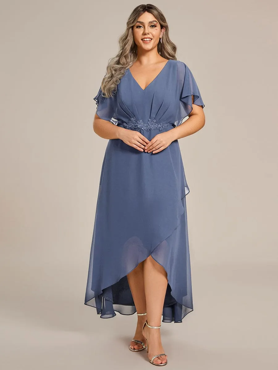 Plus Size V-Neck Chiffon Bat-Wing Sleeve A-Line Waist Applique Formal Dress