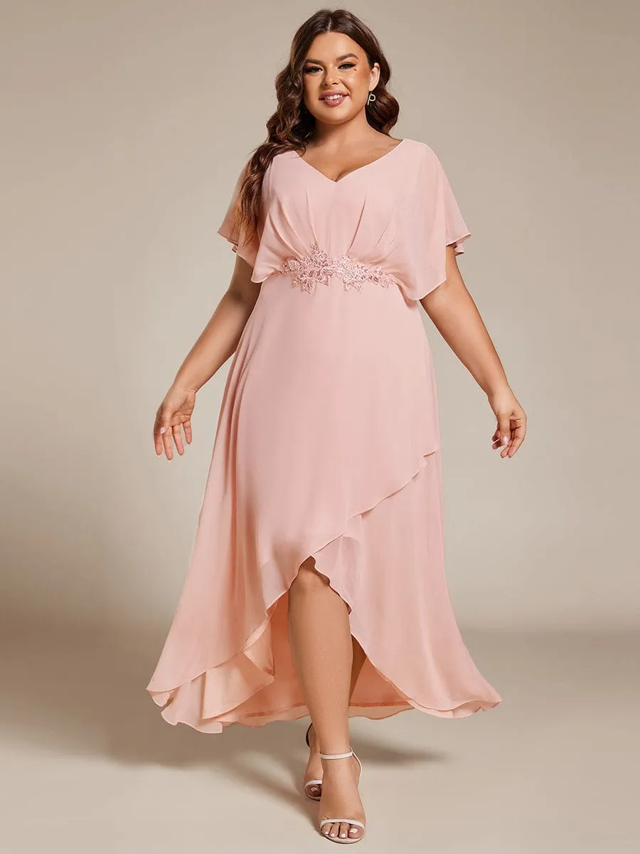 Plus Size V-Neck Chiffon Bat-Wing Sleeve A-Line Waist Applique Formal Dress