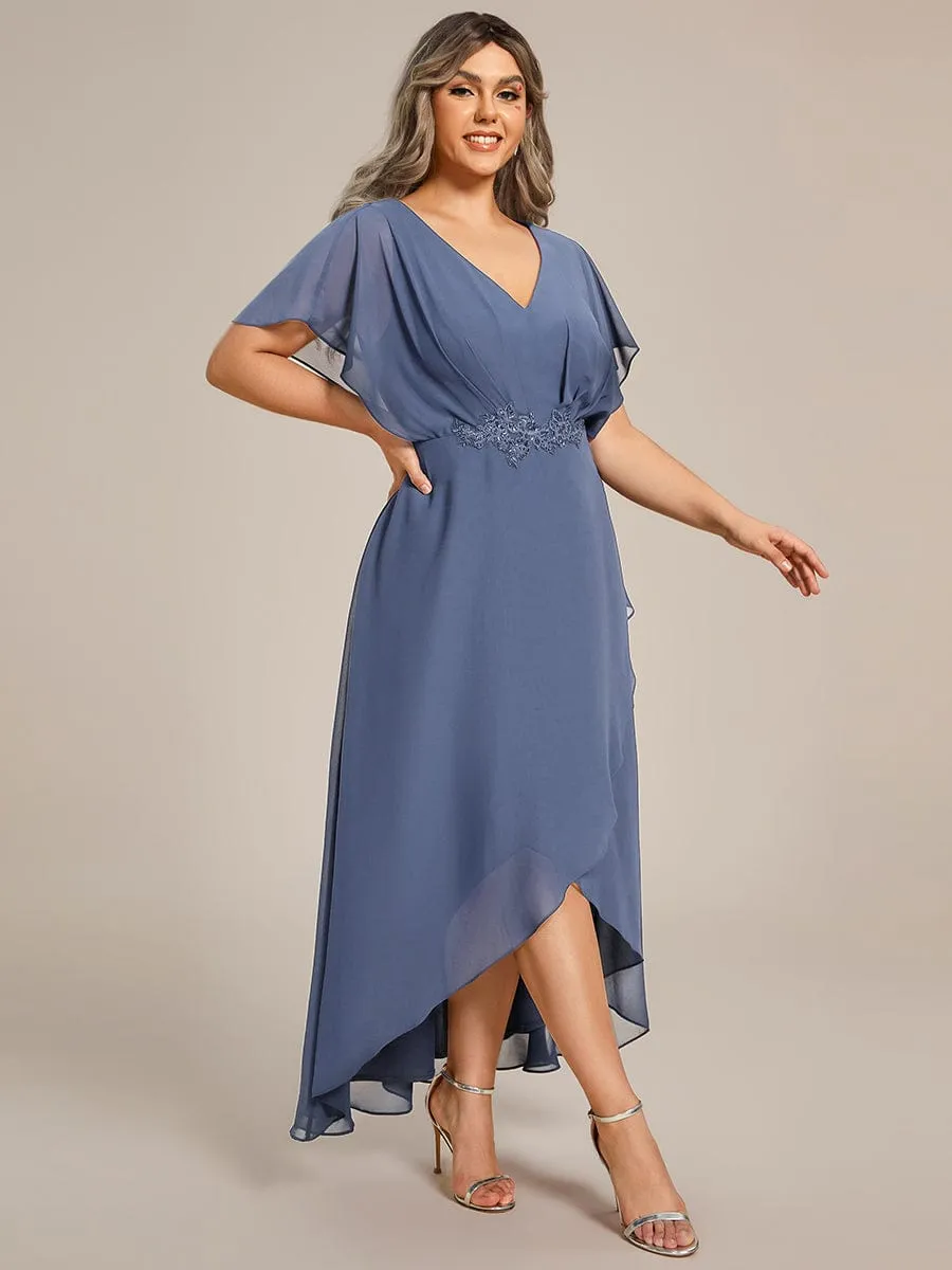 Plus Size V-Neck Chiffon Bat-Wing Sleeve A-Line Waist Applique Formal Dress