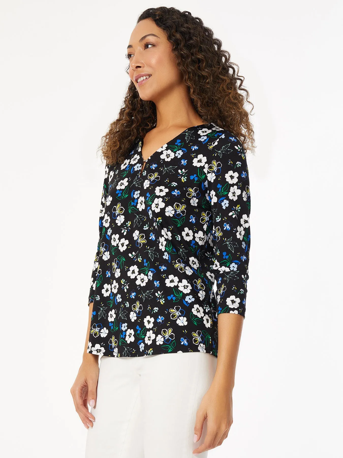 Printed Keyhole Neckline Knit Top