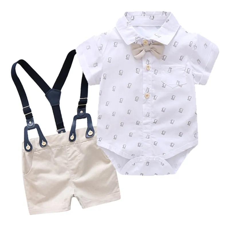 Stylish Summer Baby Boy Outfit (Shirt   Bow   Shorts   Suspenders)