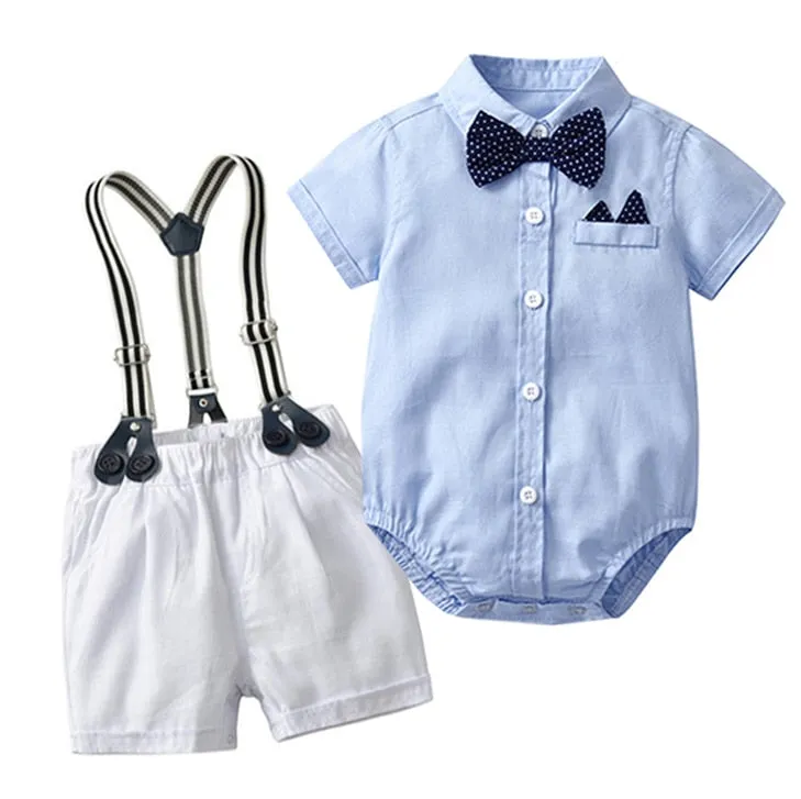 Stylish Summer Baby Boy Outfit (Shirt   Bow   Shorts   Suspenders)