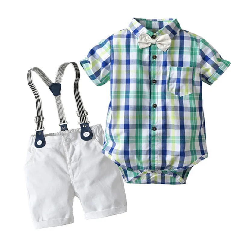 Stylish Summer Baby Boy Outfit (Shirt   Bow   Shorts   Suspenders)