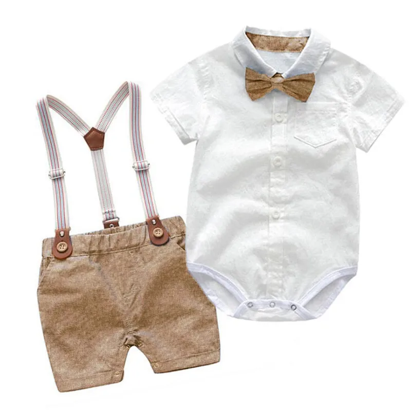 Stylish Summer Baby Boy Outfit (Shirt   Bow   Shorts   Suspenders)