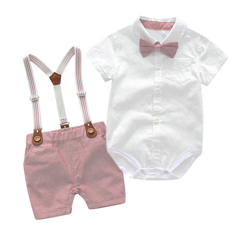 Stylish Summer Baby Boy Outfit (Shirt   Bow   Shorts   Suspenders)